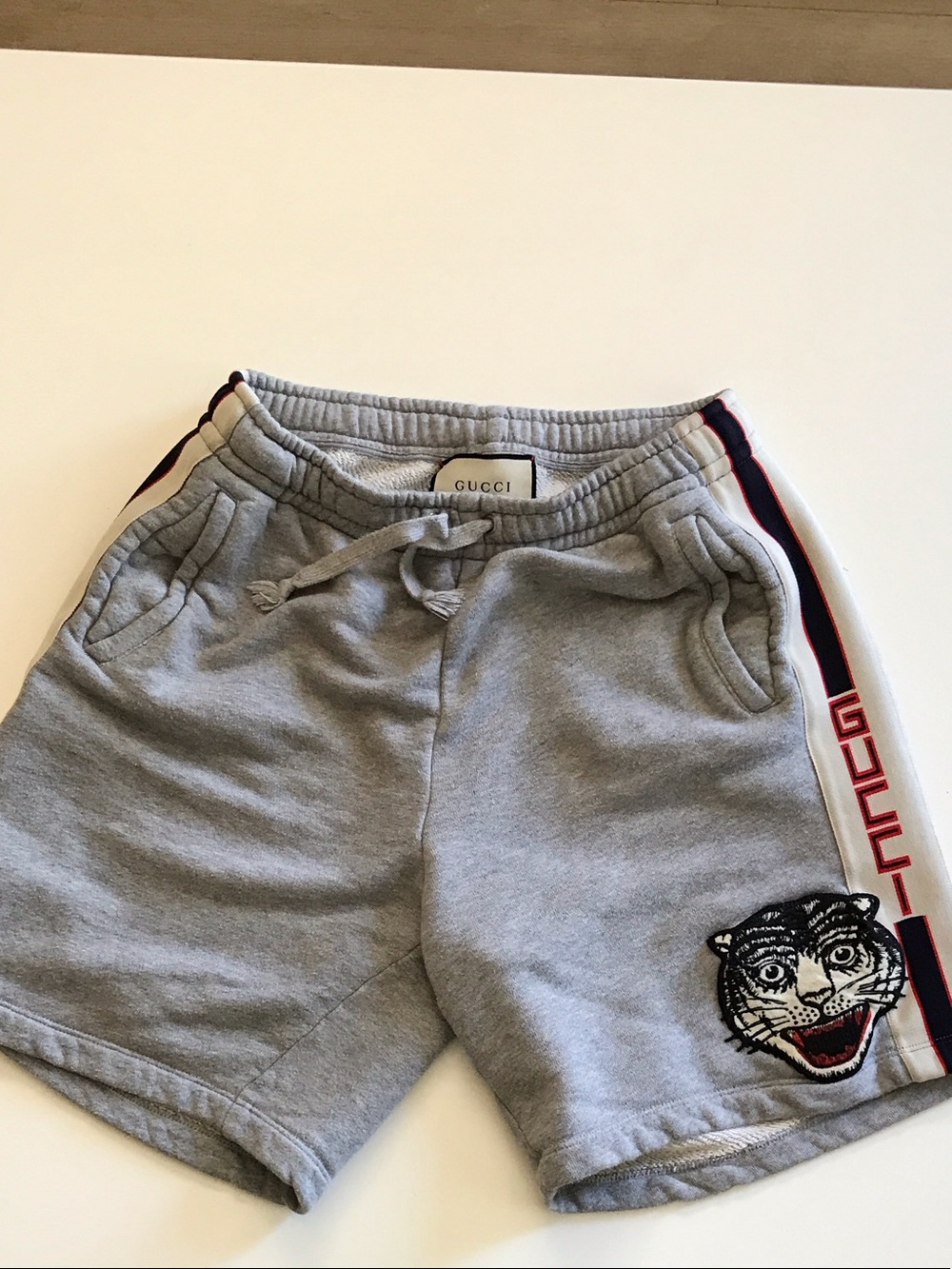 Gucci Grey Shorts with Red & Blue Stripe and Tiger Patch